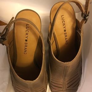 Lucky Brand | tan block heel booties with buckle